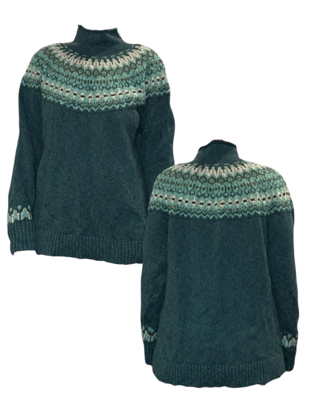 L.L. Bean Dark Teal and Cream Turtleneck Sweater